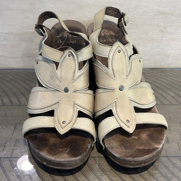 Dansko Sandals Leather Floral Strappy Wood Platform Size 41 US 10.5-11 buckle ni - Picture 2 of 9